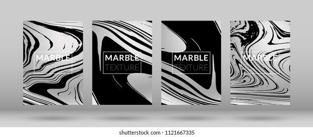 Set of  Covers with Marble Texture. Gradient Vector Marble. Silver Textured Cool Cover, Party Flyers, Business Card, Poster Design, Futurist Title Page.

