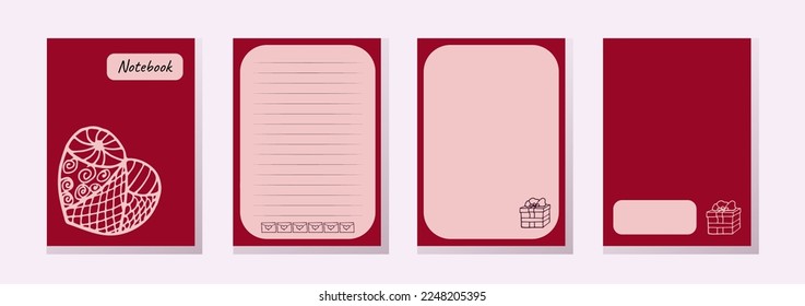 Set covers notebook love style. Heart, gift, letter. Pages striped and back. Vector illustration. Design for the sketchbook, notebook, brochures. Templates for valentines day, love, diary, book