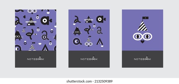 Set covers for notebooks with abstract geometric vector design with cute funny animals. For the design of childrens notebook, brochures, templates for school diaries. Vector illustration.