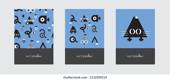 Set covers for notebooks with abstract geometric vector design with cute funny animals. For the design of childrens notebook, brochures, templates for school diaries. Vector illustration.