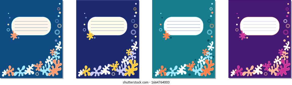 Set of covers for notebooks and exercise books. Abstract underwater pattern in blue. Abstract roundish forms.