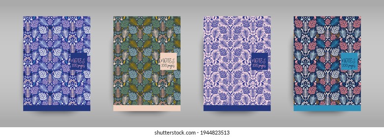 A set of covers for notebooks Jungle in ditsy and milfleur styles. Cute layout for the women's and children's cover book, notebooks, brochures, school diary templates. Seamless pattern and mask used