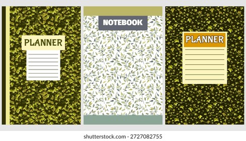 Set covers for notebooks with liana branches, ivy and tropical leaves. Design of children books, brochures, templates for school diaries. Vector seamless patterns copybook of creeper jungle, hedera.