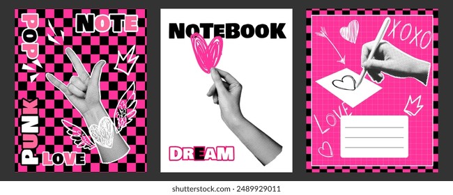 A set of covers for notebooks and notepads. For girls, in pop, emo, punk styles. Pink background. Vector graphics