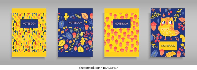 Set covers for notebooks with an owl and wild forest nature. Autumn Doodle leaves, acorns, cute filin. For the design of children s books, brochures, templates for school diaries. Vector illustration