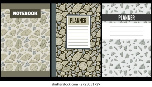Set covers for notebooks with symbols of old gray stones. For design of children books, brochures, templates for school diaries. Vector seamless patterns copybook with texture rocks.