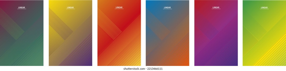 Set of covers with oblique halftone lines. Colourful parallel stripe pattern, future geometric motifs. 