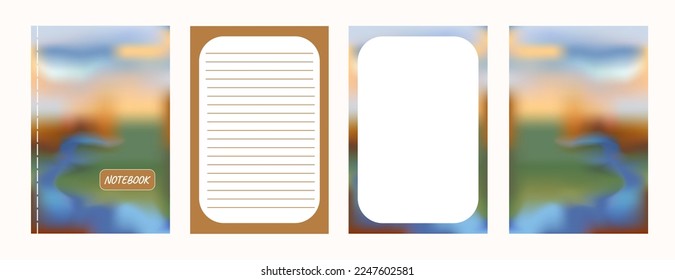 Establece el cuaderno de portadas y páginas, cuaderno de esbozo. Los colores de la naturaleza son azul, verde y marrón. Ilustración vectorial. Páginas de diseño para libros, folletos, plantillas, diarios. cuadernos de estudio y aficiones.