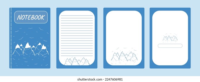 Establece el bloc de notas de las portadas y páginas, color azul del libro de esbozo. Arte de la línea de las Montañas Blancas. Ilustración vectorial. Páginas de diseño para libros, folletos, plantillas, diarios. cuadernos de estudio y aficiones.