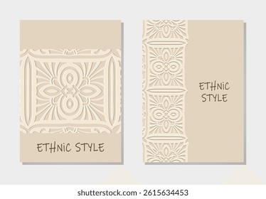 Set of covers, patterned vertical templates. Collection of geometric tribal light backgrounds 3d, embossing. Mandala, arabesques, logo. Ethnic ornaments of the East, Asia, India, Mexico, Aztec, Peru.