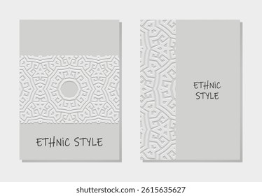 Set of covers, patterned vertical templates. Collection of geometric white 3D backgrounds, embossing. Greek meander. Mandala, arabesques, logo. Ethnic ornaments of the East, Asia, India.