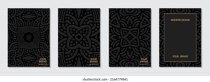 Conjunto de portadas con lugar para texto, plantillas verticales, textura étnica hecha a mano. Colección de fondo negro con relieve con un patrón 3D. Patrimonio de los pueblos del Este, Asia, India, México.