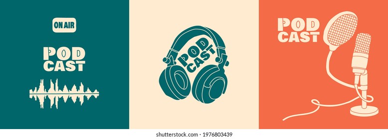 A set of covers for a podcast or broadcast show. Vector trendy flat illustration in pastel colors. EPS 10