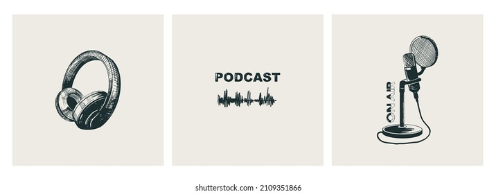 Set of covers for podcast show. Studio headphones, microphone on stand and sound wave. Vector sketch style.