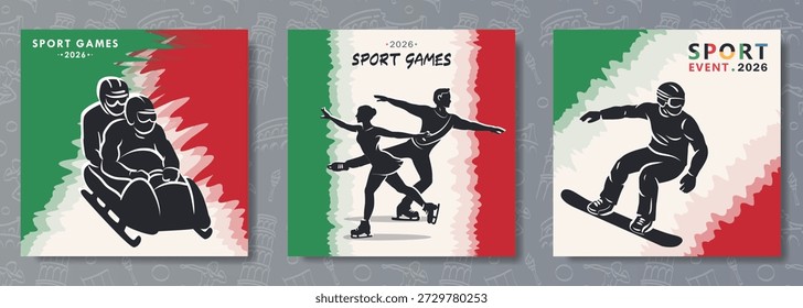 Conjunto de cubiertas, carteles con silueta dibujada a mano de bobsleigh, snowboard, siluetas de patinaje artístico contra fondos de la bandera de Italia, que representan los juegos deportivos de 2026, evento del campeonato internacional