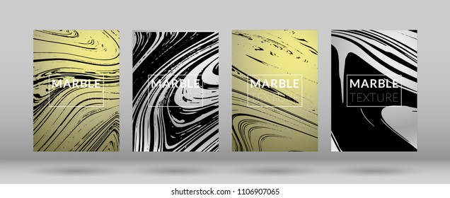 Set of Covers Silver and Gold Marble Texture. Ink Splash. Colorful Fluid. Marble Textured Cool Cover, Party Flyers, Business Card, Poster Design, Futurist Title Page.


