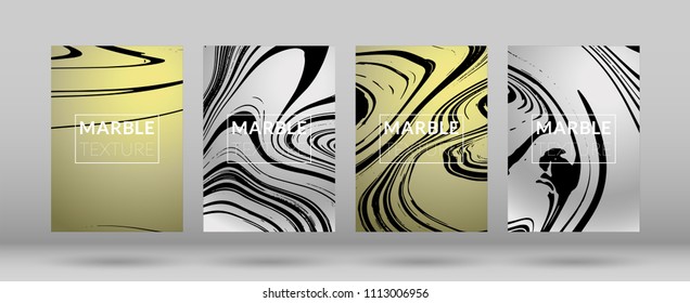 Set of Covers Silver and Gold Marble Texture. Ink Splash. Colorful Fluid. Poster, Brochure, Invitation, Simple Design Presentation, Cover Book, Magazine Cover, Catalog, Sale, Announcement. Size A4. 
