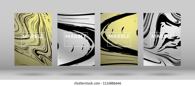 Set of Covers Silver and Gold Marble Texture. Ink Splash. Colorful Fluid. Marble Textured Cool Cover, Party Flyers, Business Card, Poster Design, Futurist Title Page.

