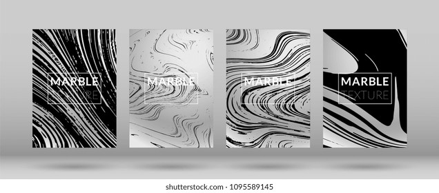 Set of  Covers with Silver Marble Texture. Ink Splash. Colorful Fluid. Marble Textured Cool Cover, Party Flyers, Business Card, Poster Design, Futurist Title Page.