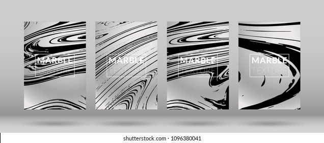 Set of  Covers with Silver Marble Texture. Ink Splash. Colorful Fluid. Marble Textured Cool Cover, Party Flyers, Business Card, Poster Design, Futurist Title Page.

