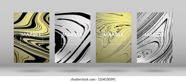 Set of  Covers with Silver Marble Texture. Ink Splash. Colorful Fluid. Marble Textured Cool Cover, Party Flyers, Business Card, Poster Design, Futurist Title Page.

