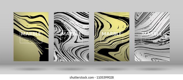 Set of  Covers with Silver Marble Texture. Ink Splash. Colorful Fluid. Marble Textured Cool Cover, Party Flyers, Business Card, Poster Design, Futurist Title Page.

