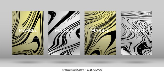 Set of  Covers with Silver Marble Texture. Gradient Vector Marble. Silver Textured Cool Cover, Party Flyers, Business Card, Poster Design, Futurist Title Page.

