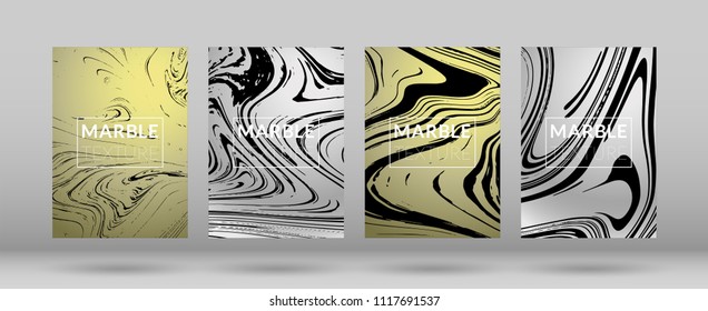 Set of  Covers with Silver Marble Texture. Ink Splash. Colorful Fluid. Marble Textured Cool Cover, Party Flyers, Business Card, Poster Design, Futurist Title Page.