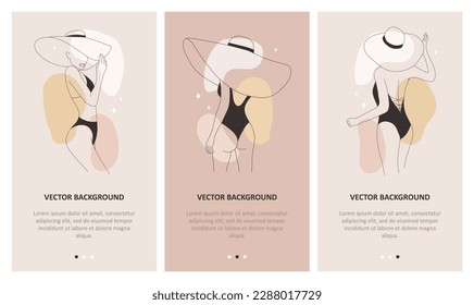 Set of covers for social media. Modern linear women in straw hats. Elegant lady in black swimsuit. Travel blog or tour agency concept. Hand drawn outline vector illustration.
