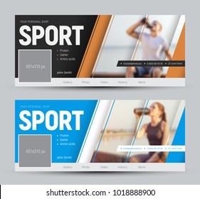 set of covers for social networks with diagonal soaring lines and a place for photos. Web banner template with blue and yellow elements. A sample for sports nutrition. Vector illustration