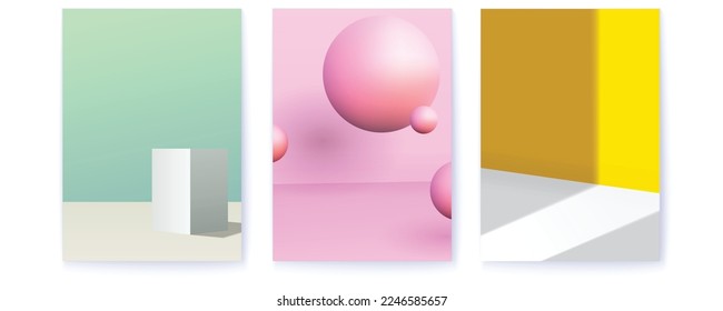 Set of covers with studio backgrounds. Minimal geometric design. Studio for product display with copy space.