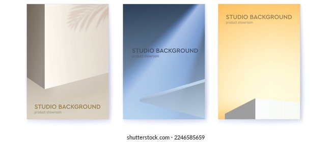 Set of covers with studio backgrounds. Shadow, ray of light and minimal design. Studio for product display with copy space.