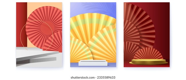 Set of covers with studios for product display and presentation. Paper fans and podium. Abstract background.
