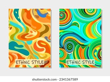 Set of covers in the style of primitivism, vertical ethnic templates. Collection of watercolor geometric backgrounds with tribal abstract pattern. Traditions of the East, Asia, India, Mexico, Aztec