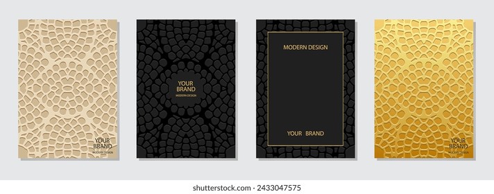 Set of covers, stylish vertical templates. A collection of embossed, geometric backgrounds with ethnic gold 3D patterns. Exotic of the East, Asia, India, Mexico, Aztec, Peru in handmade style.