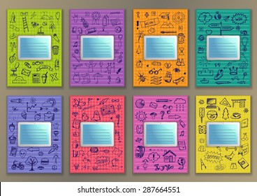 Set Covers with tablet hand drawn ink school doodles. Vector illustration for typography banners, posters, fliers, cards, covers, brochures  etc
