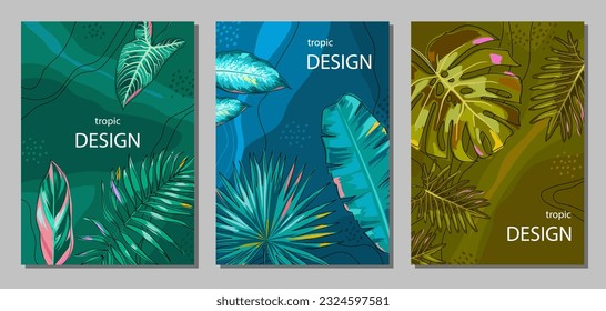 Set of covers with tropical leaves and abstract elements. A group of vertical templates with palm, monstera, alocasia, banana, philodendron, dieffenbachia leaves. Vector illustrations.