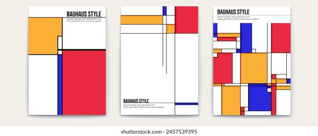 Set of covers vector template. Retro pattern from triangles, squares and circles. Composition of Piet Mondrian style. Poster design