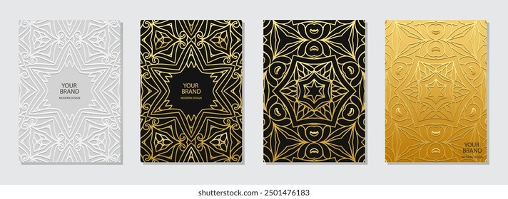 Set of covers, vertical art templates. Collection of relief, geometric backgrounds with 3D patterns, embossing. Gold ornaments, mandala, logo. Ethnic motifs of the East, Asia, India, Mexico, Aztec