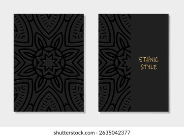 Conjunto de cubiertas, Vertical de Plantillas hechas a mano. Colección de fondos negros vintage geométricos 3D, en relieve. Mandala, arabescos, logo. Ornamentos étnicos del Este, Asia, India, México, Azteca, Perú.