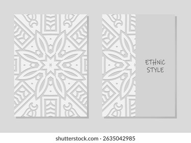 Conjunto de capas, modelos verticais feitos à mão. Coleção de fundos decorativos geométricos brancos 3d, em relevo. Mandala, arabescos, logo. Ornamentos étnicos do Oriente, Ásia, Índia, México, Asteca.