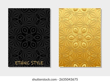 Conjunto de capas, modelos verticais feitos à mão. Coleção de fundos tribais geométricos 3d, em relevo. Mandala, arabescos, logo. Ornamentos étnicos do Oriente, Ásia, Índia, México, Asteca, Peru.