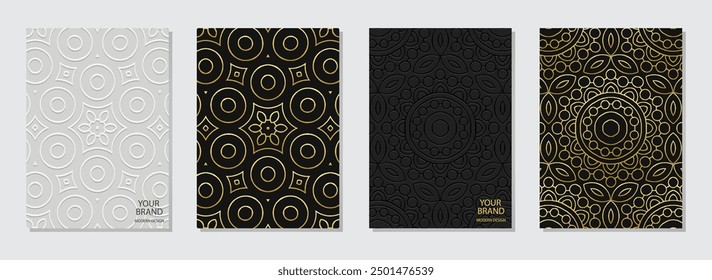 Conjunto de cubiertas, Plantillas minimalistas de Vertical. Colección de relieve, fondos geométricos con patrones 3D, relieve. Adornos de oro, mandala, logo. Motivos étnicos del Este, Asia, India, México