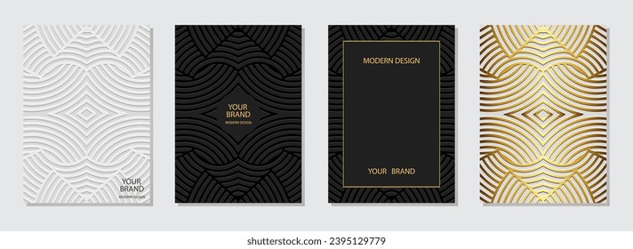 Set of covers, vertical templates. Abstract collection of embossed geometric backgrounds with ethnic gold 3D pattern in handcrafted style. Boho, ornaments of the East, Asia, India, Africa, Mexico