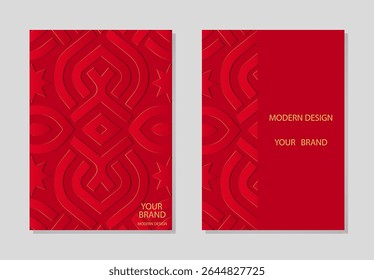 Set of covers, vertical templates, boho. Collection of geometric red backgrounds with ethnic patterns. Mandala, arabesques, logo. Embossed 3D ornaments of the East, Asia, India, Mexico, Aztec, Peru.