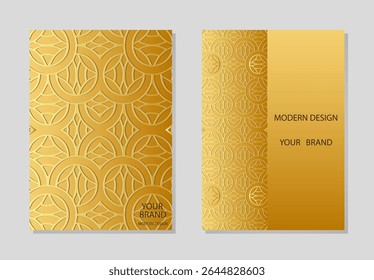 Conjunto de cubiertas, Plantillas de Vertical, boho. Colección de fondos de oro geométricos con patrón de oro étnico. Mandala, arabescos, logo. Adornos 3D en relieve del este, Asia, India, México, Azteca.