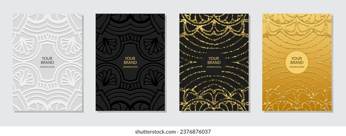 Set of covers, vertical templates. Collection of embossed geometric backgrounds with ethnic vintage 3D pattern, golden texture. Minimalist boho, style of the East, Asia, India, Africa, Mexico, Aztec, 