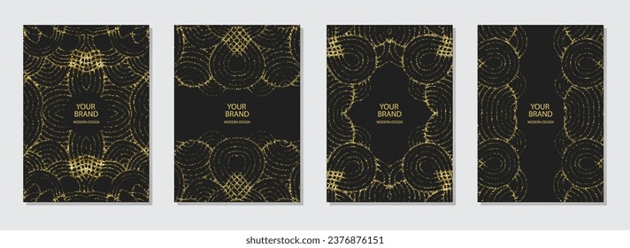 Set of covers, vertical templates. Collection of embossed geometric backgrounds with ethnic creative 3D pattern, golden texture. Minimalist boho, style of the East, Asia, India, Africa, Mexico, Aztec,