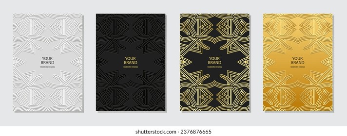 Set of covers, vertical templates. Collection of embossed geometric backgrounds with ethnic artistic 3D pattern, golden texture. Minimalist boho, style of the East, Asia, India, Africa, Mexico, Aztec,
