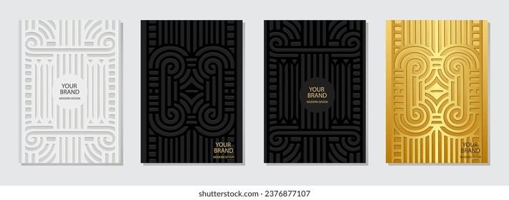 Set of covers, vertical templates. Collection of embossed geometric backgrounds with ethnic unique 3D pattern, golden texture. Minimalist boho, style of the East, Asia, India, Africa, Mexico, Aztec
